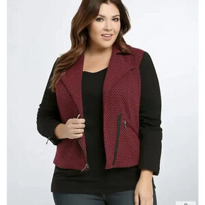 Torrid Maroon Red and Black Checkered Moto Knit Zipper Jacket in Size 2